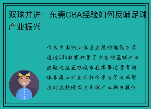 双球并进：东莞CBA经验如何反哺足球产业振兴