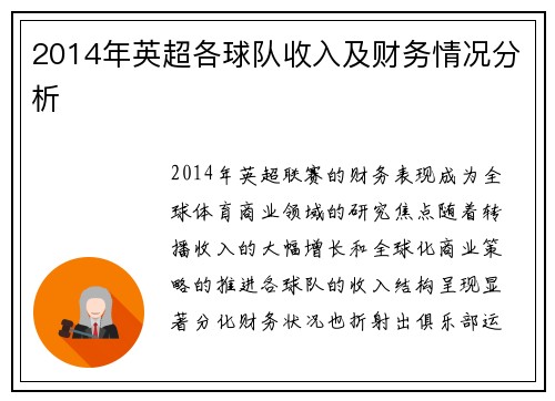 2014年英超各球队收入及财务情况分析