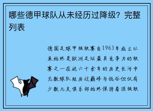 哪些德甲球队从未经历过降级？完整列表