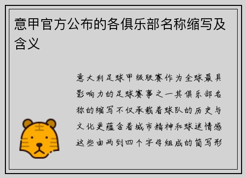 意甲官方公布的各俱乐部名称缩写及含义
